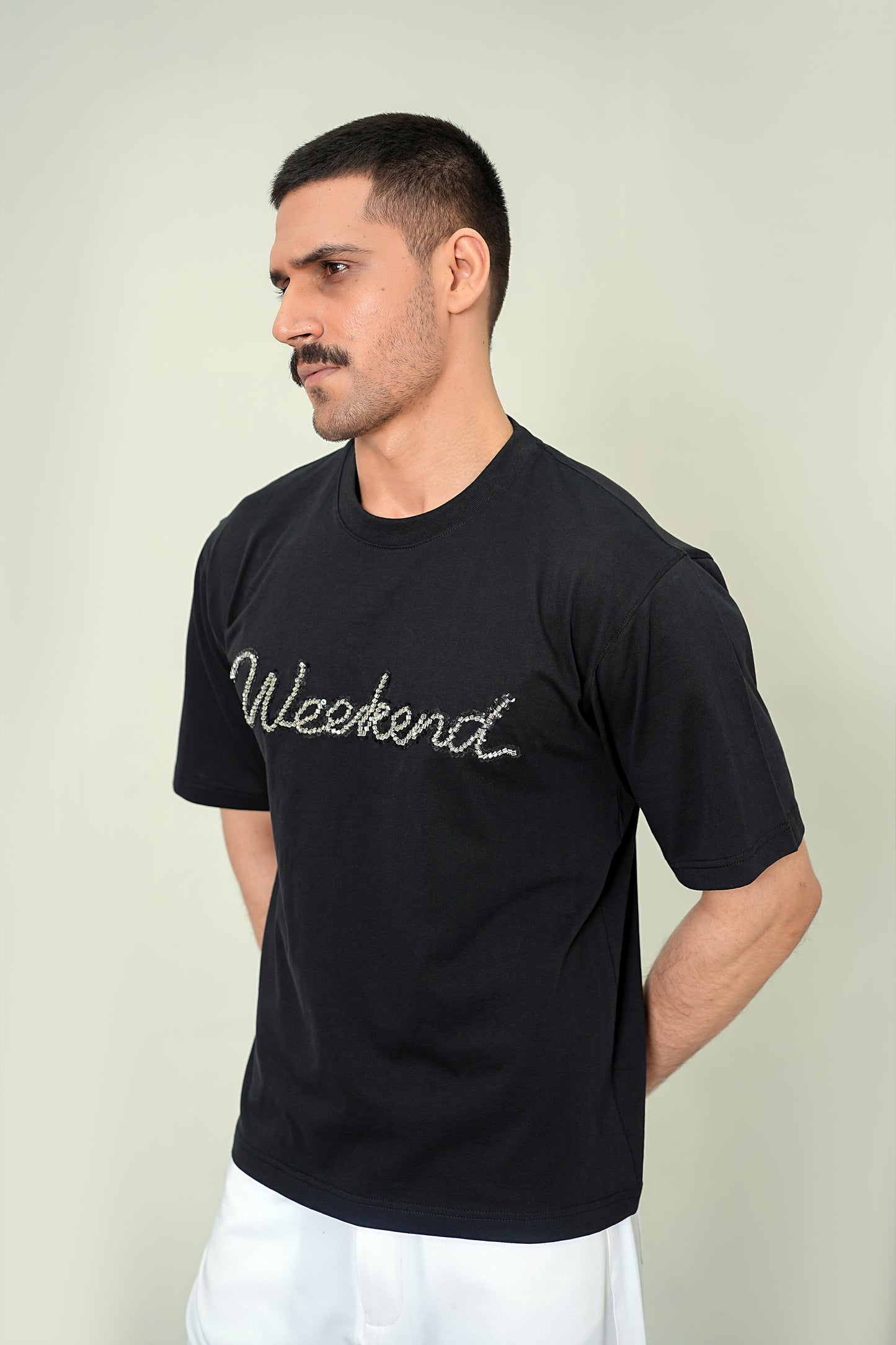 Rhinestone "Weekend" Oversized Tee – Pitch Black
