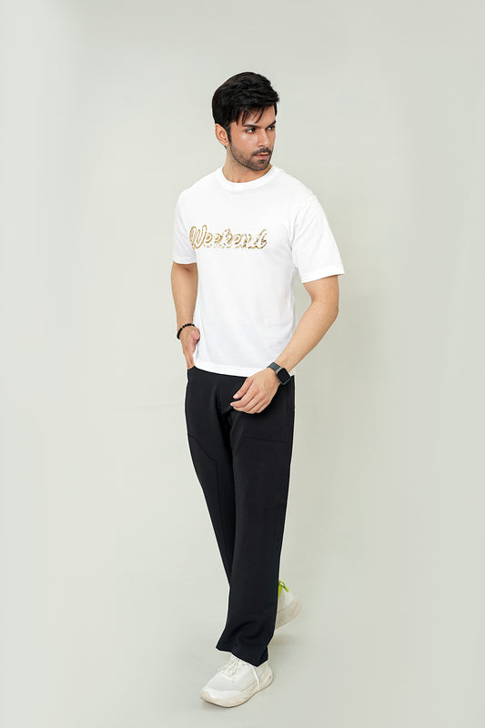 Men's White "Weekend" Sequin Graphic Tee