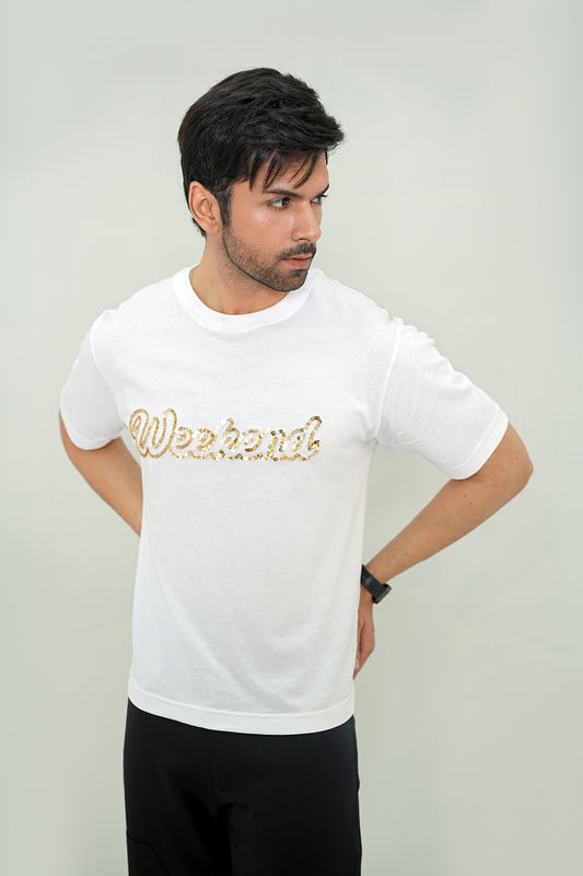 Men's White "Weekend" Sequin Graphic Tee