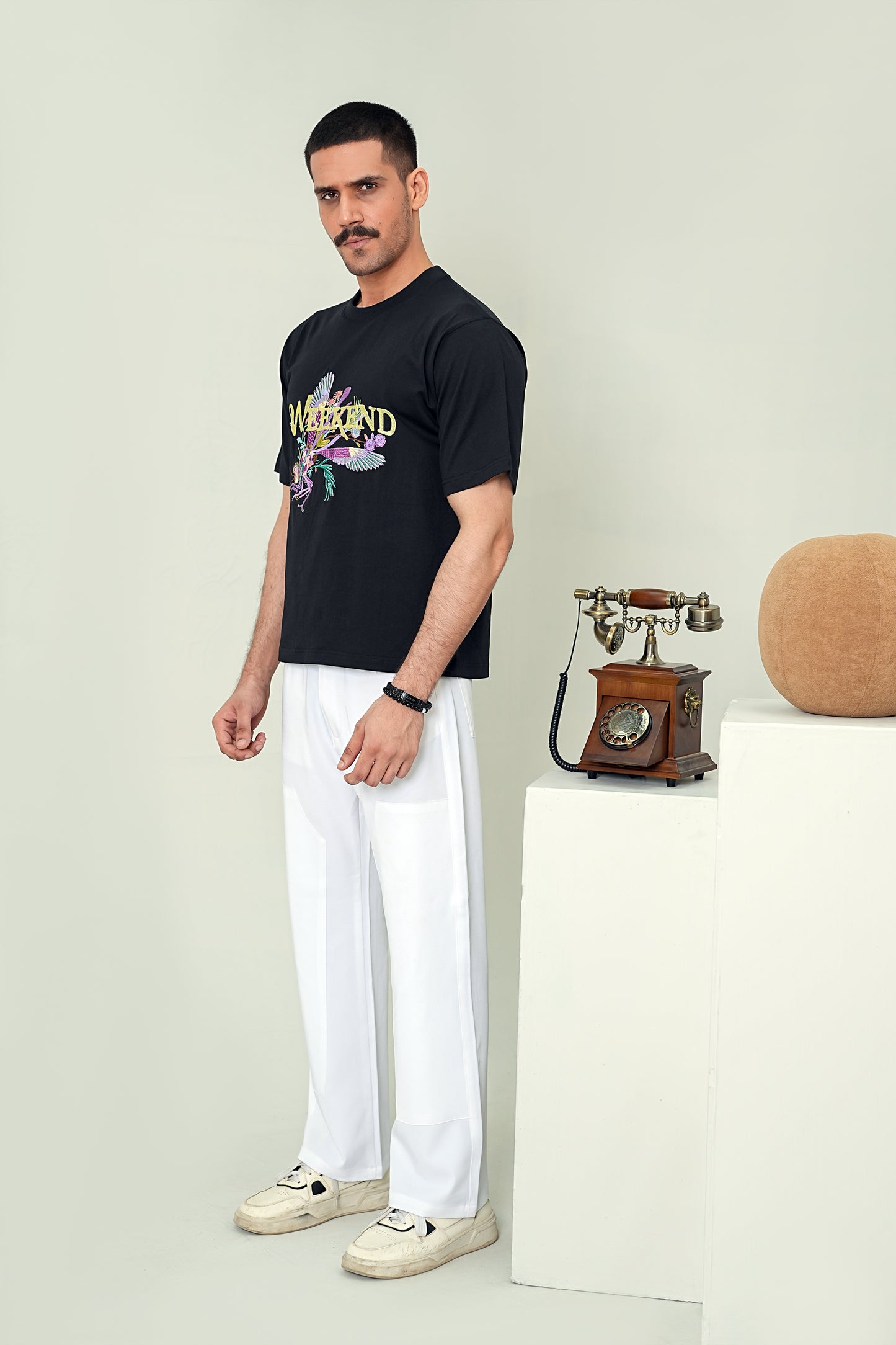 Men's Midnight Black "Weekend" Avant-Garde Graphic Tee – Premium Drop-Shoulder Fit