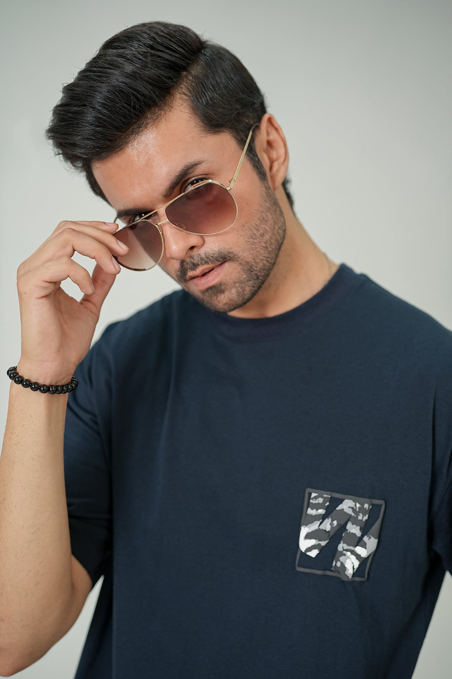 Men's Obsidian Navy "Camo Tiger" Heavyweight Streetwear Tee – Relaxed Fit