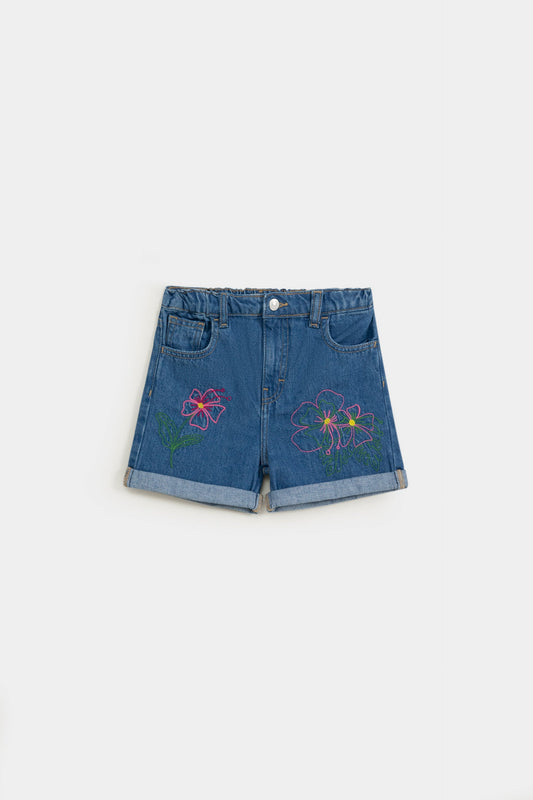 Embroidered Denim Shorts With 5 Pocket Details