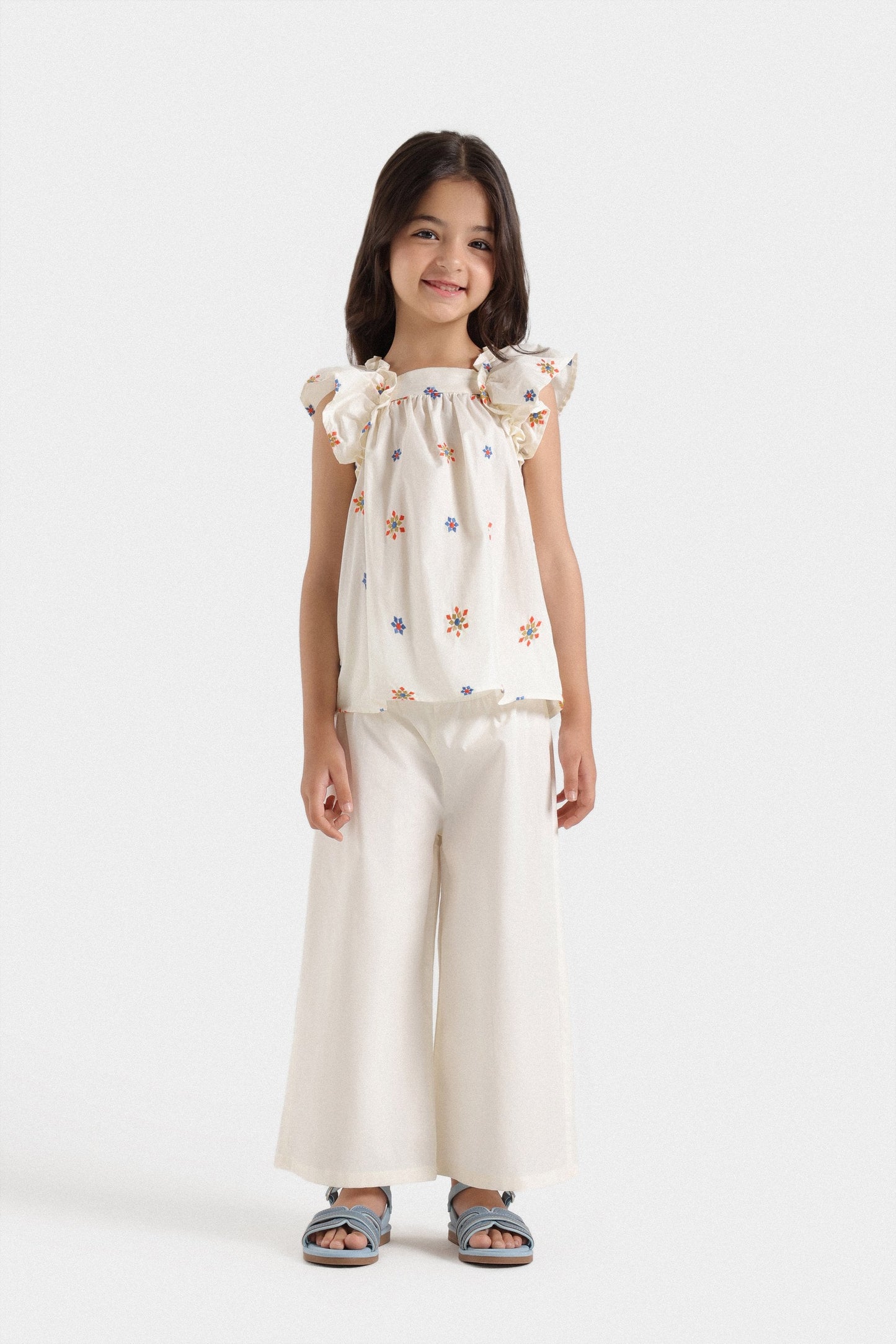 Embroidered Top Paired With Wide Leg