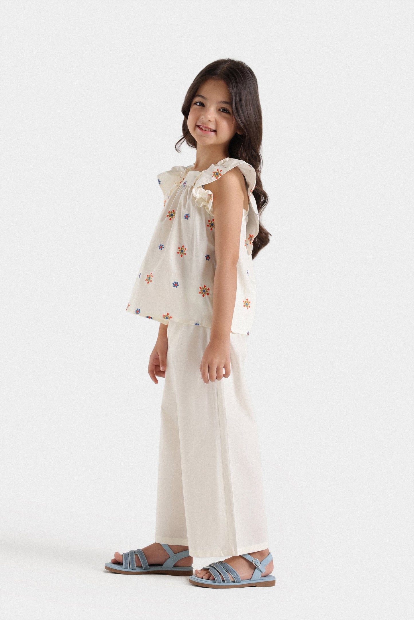 Embroidered Top Paired With Wide Leg