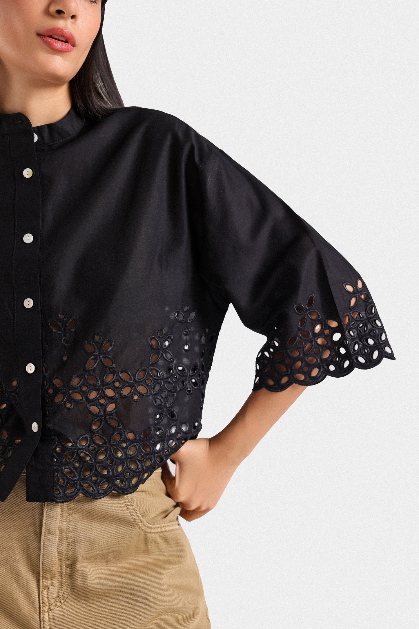 Cut-Work Embroidered Cropped Shirt