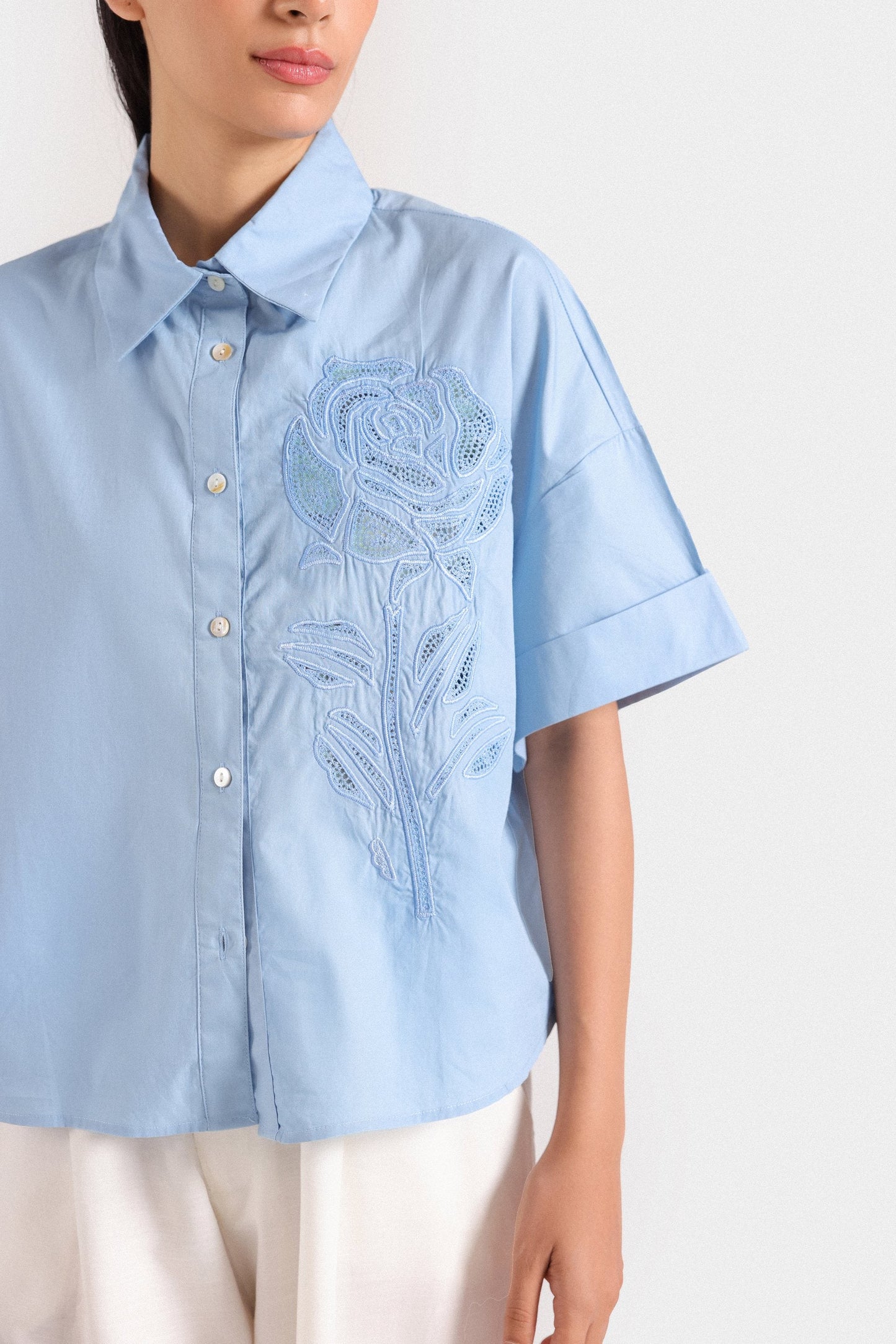 Floral Embroidered Cropped Shirt