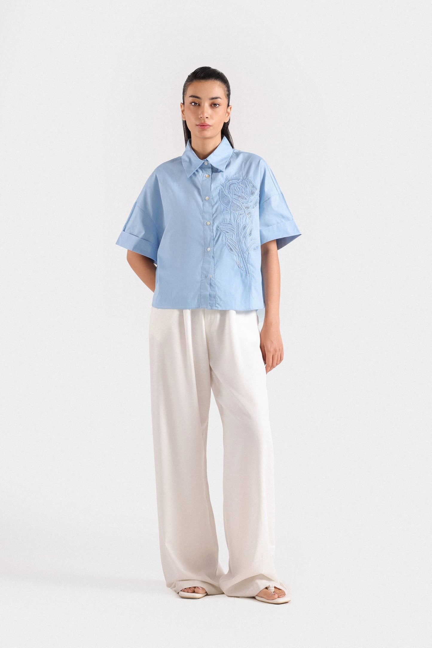 Floral Embroidered Cropped Shirt